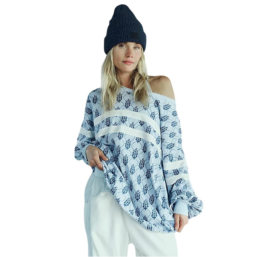 Free People Movement Post Up Logo Layer Sweatshirt Blue Floral Oversized SMALL